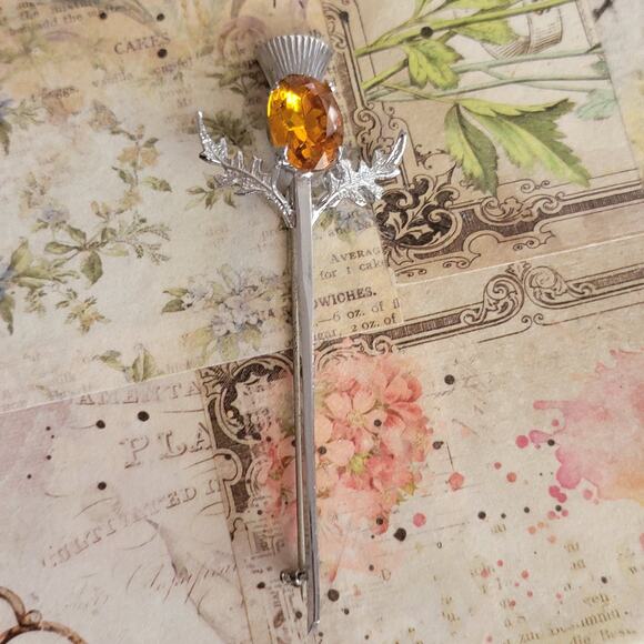Vintage Thistle Stick Pin Brooch Amber Stone Scottish Floral Jewelry Retro Pin - Picture 2 of 10